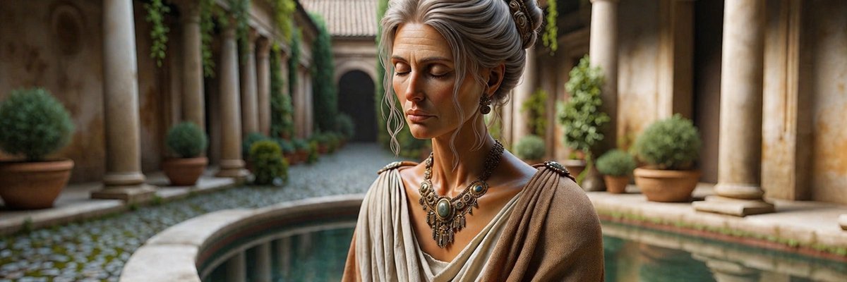 Realistic photo of an ancient Roman civil woman, approximately 45 years old, with tan skin and aging signs, wearing a stola and ornate jewelry. She is