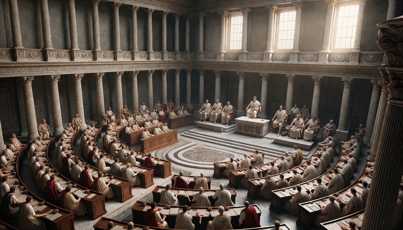 Realistic photo of the Roman Senate in session during the reign of Emperor Marcus Aurelius. Senators in traditional togas engage in fervent discussion