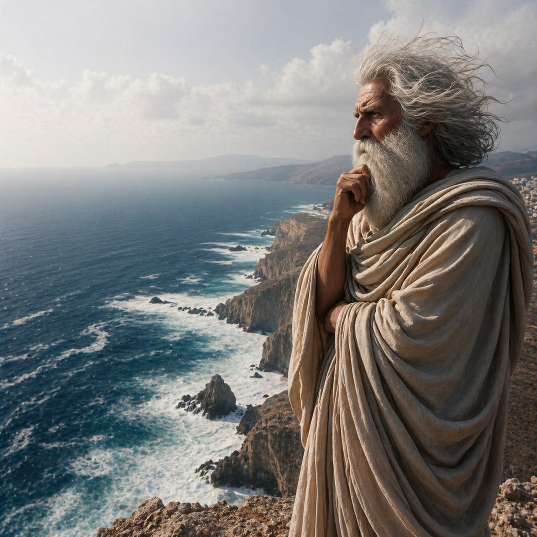 Photo of a Greek philosopher from ancient times, standing on a cliff overlooking the Aegean Sea. His robes sway gently in the breeze. He looks pensive - Copy