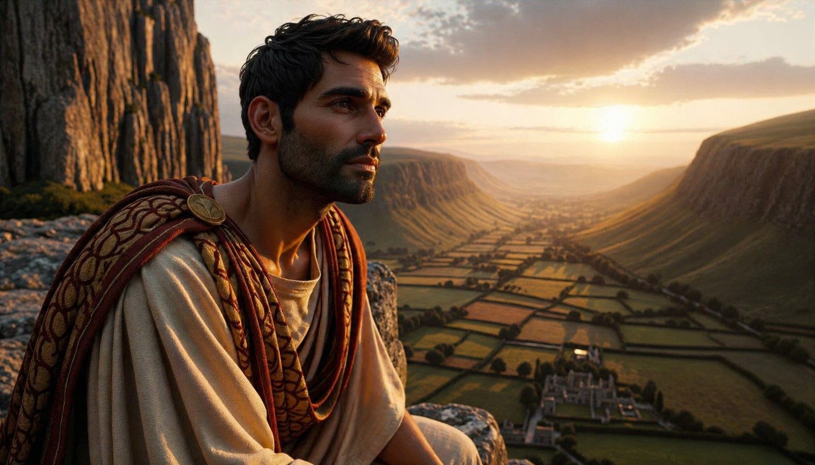 Realistic photo of an ancient Roman civil man with dark skin and clean-shaven face, dressed in a toga with intricate patterns. He is seated at the edg
