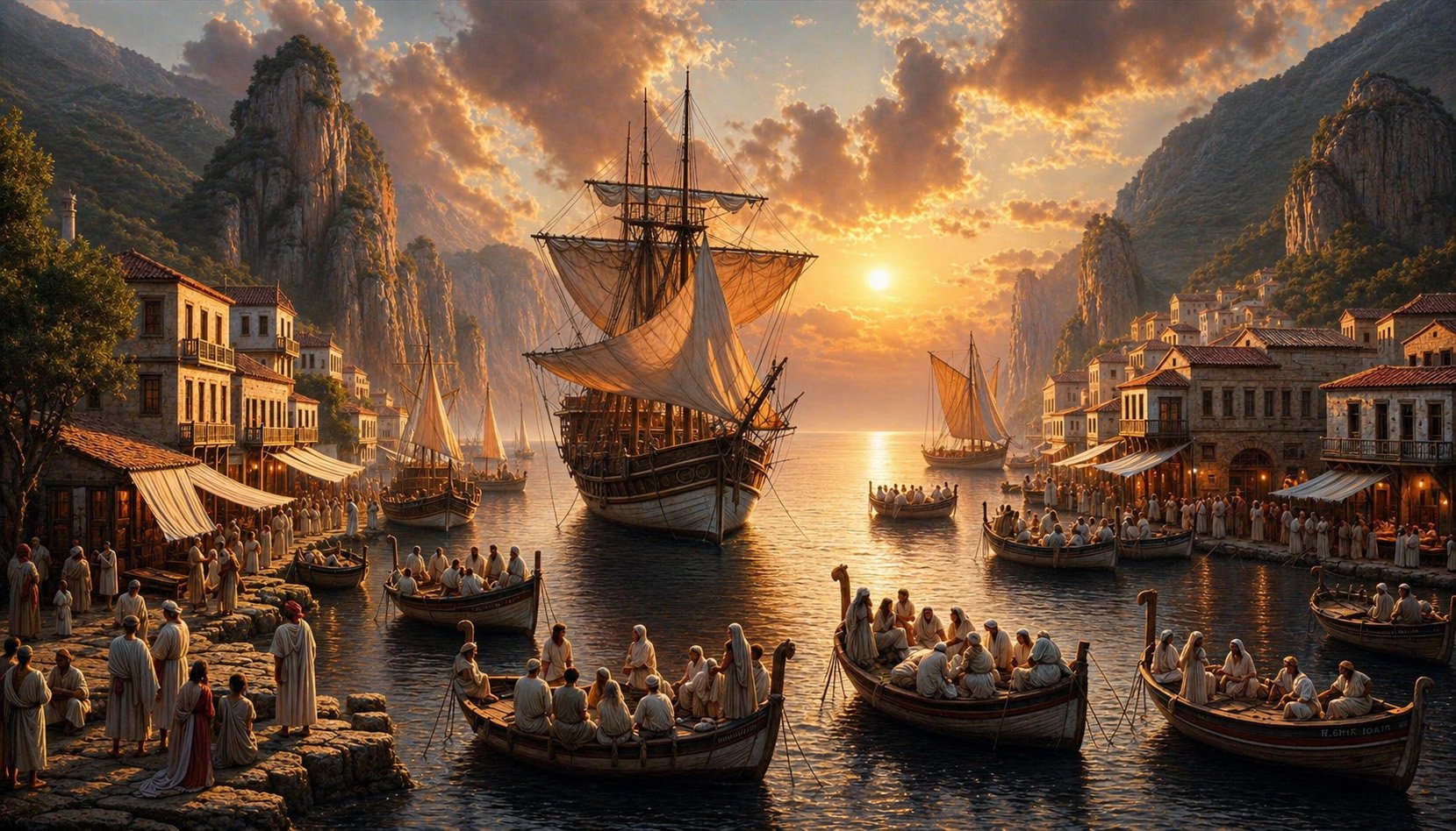High-resolution, true-to-life photograph of an idyllic ancient Greek coastal village during a picturesque sunset. The ambient sounds of diverse villag