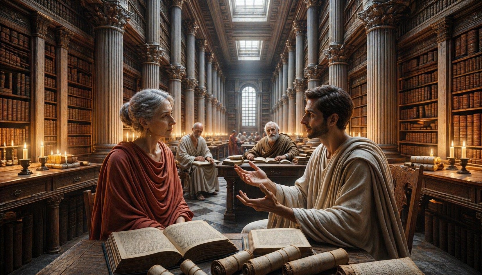 Realistic photograph of an ancient Greek library interior bustling with activity. Amidst the rows of scrolls and books, two real human scholars, a wom
