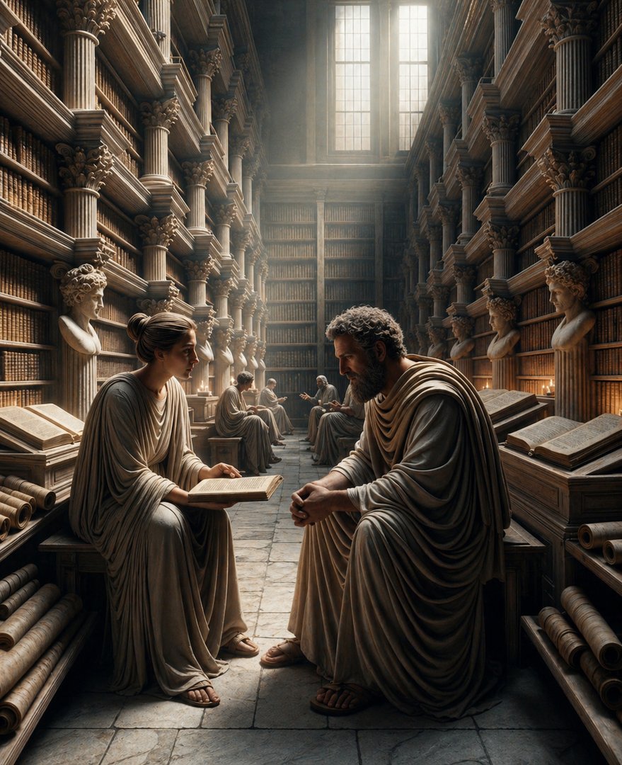 Photographic representation of an ancient Greek library interior. Amidst rows of scrolls and books, two stoic scholars, a woman and a younger male app