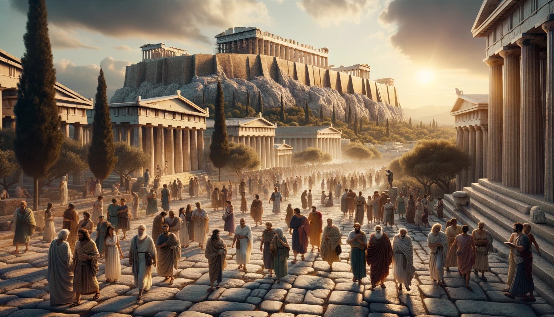 DALL·E 2023-10-16 09.14.44 - Realistic photo of ancient Greece, with perfect clarity showcasing the majestic Acropolis in the distance. Diverse men and women, each distinct and de