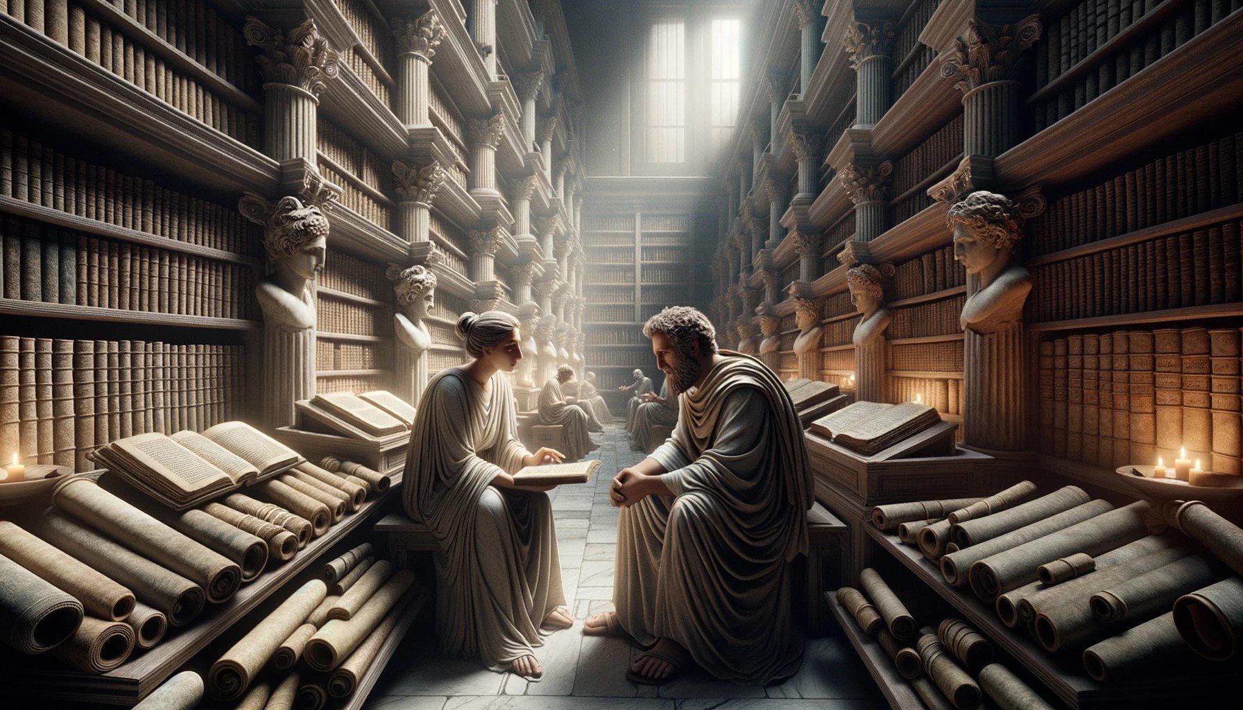 DALL·E 2023-10-16 09.29.38 - Photographic representation of an ancient Greek library interior. Amidst rows of scrolls and books, two stoic scholars, a woman and a younger male app