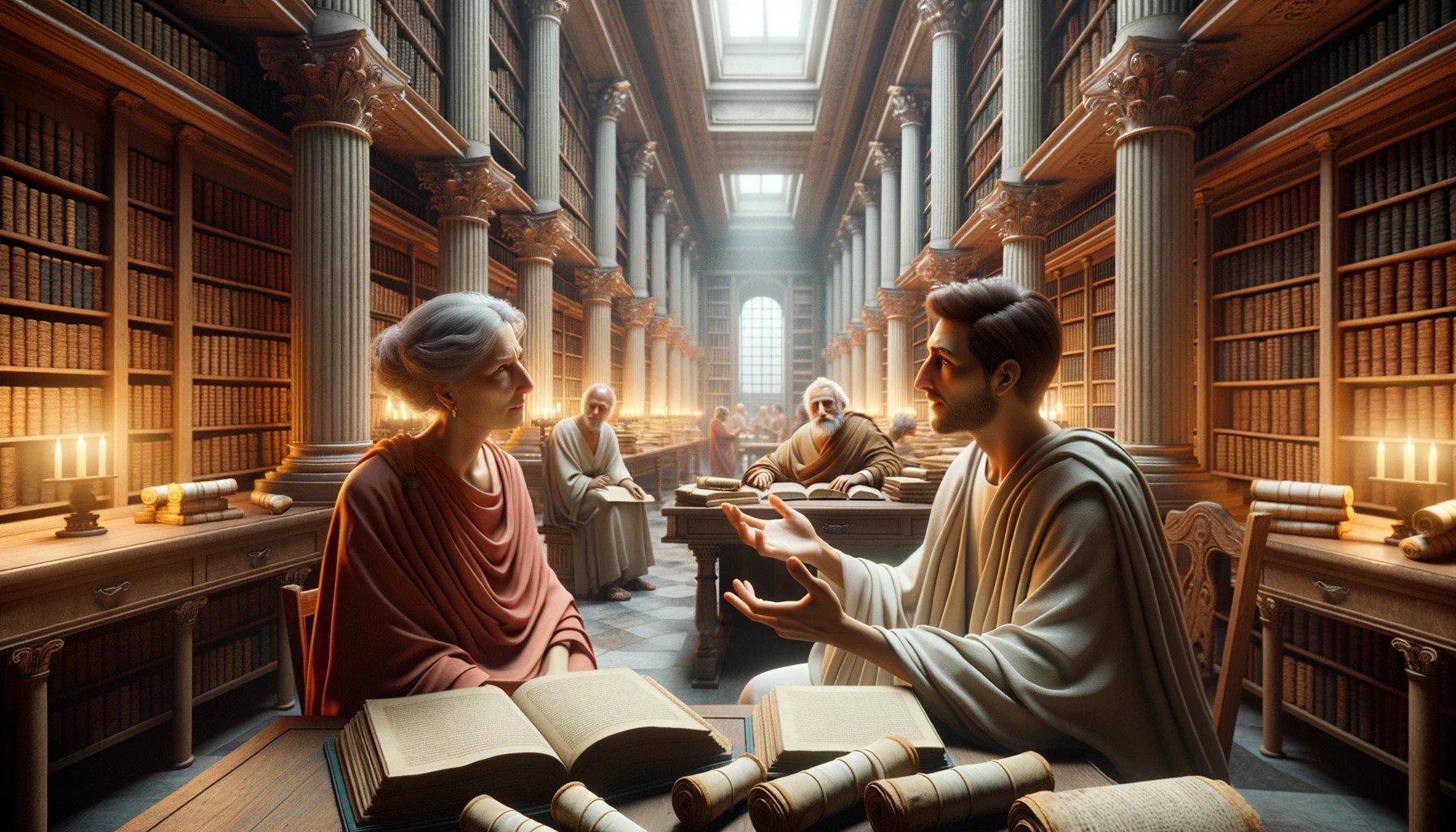 DALL·E 2023-10-16 09.31.17 - Realistic photograph of an ancient Greek library interior bustling with activity. Amidst the rows of scrolls and books, two real human scholars, a wom