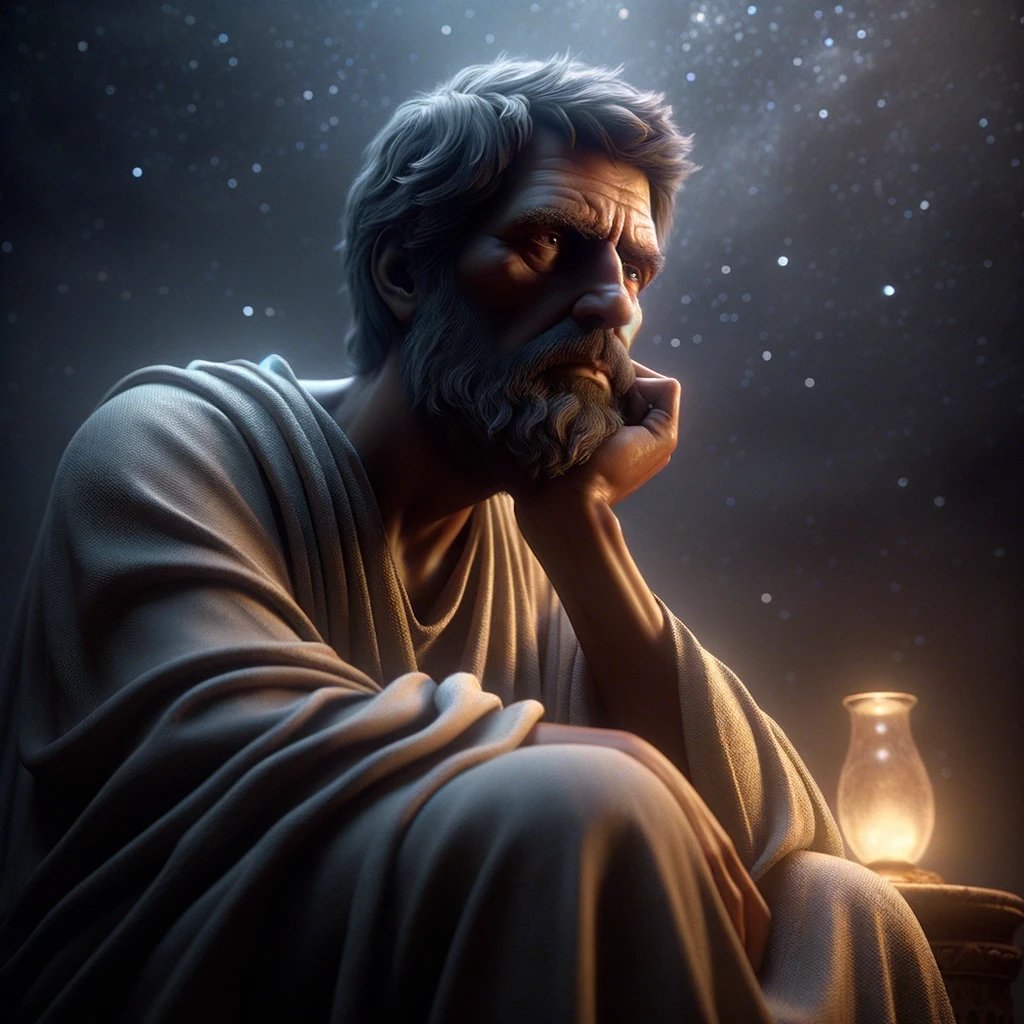 DALL·E 2023-10-16 13.08.07 - Photorealistic image of a stoic philosopher deep in thought, set against the backdrop of a starlit night. He sits alone, his gaze introspective, perha