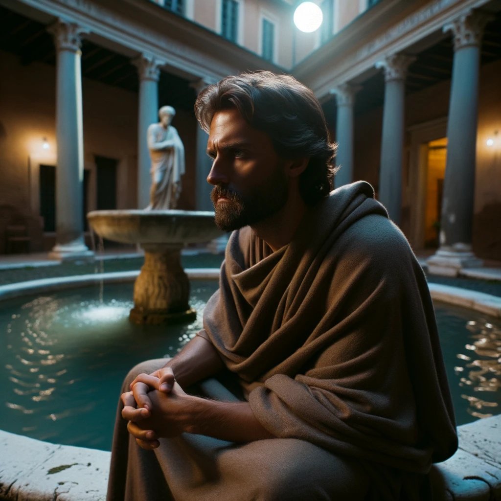 DALL·E 2023-10-16 13.16.51 - Photo capturing a real-life stoic philosopher in a Roman courtyard bathed in the soft light of the moon. He sits near an ancient fountain, its gentle