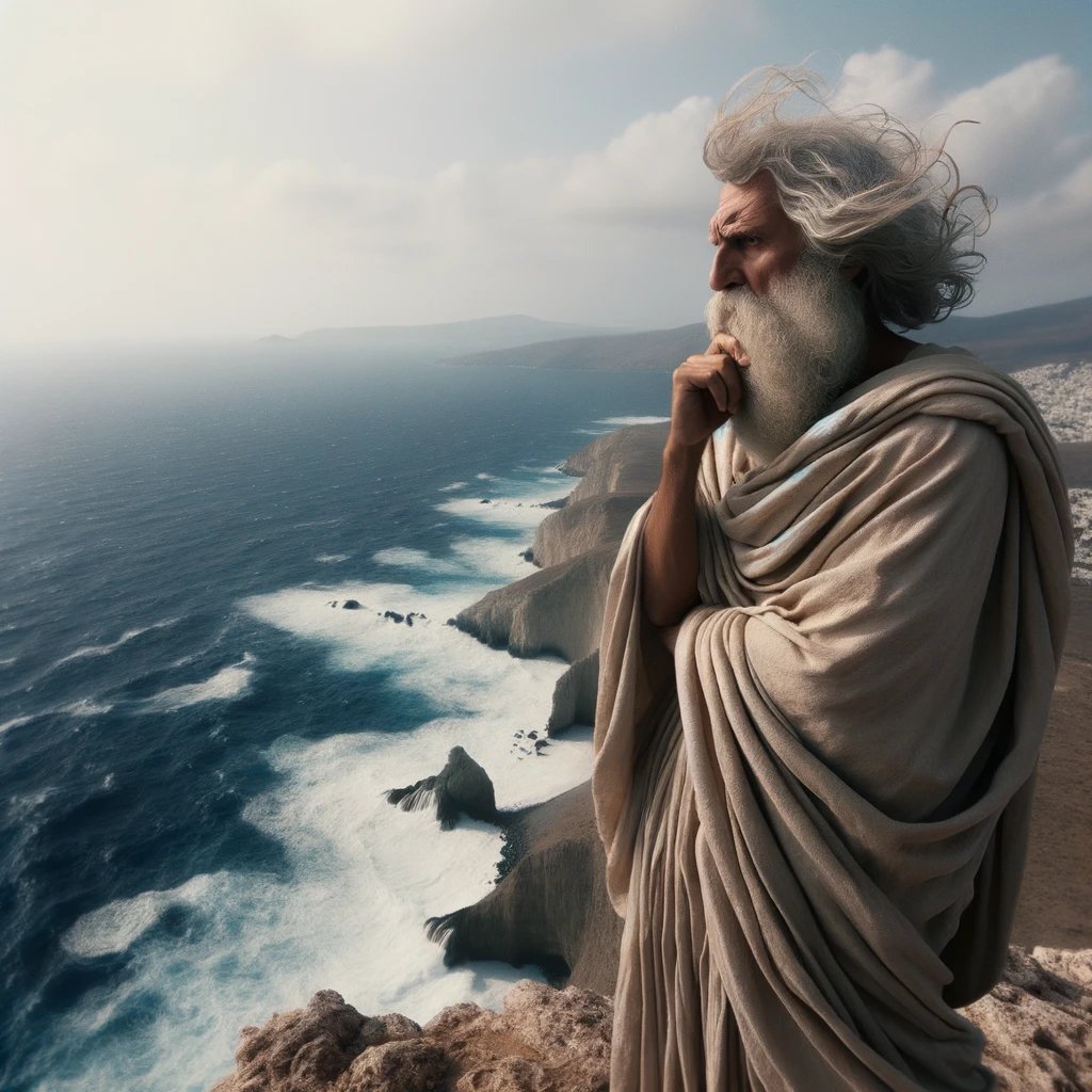 DALL·E 2023-10-16 14.54.17 - Photo of a Greek philosopher from ancient times, standing on a cliff overlooking the Aegean Sea. His robes sway gently in the breeze. He looks pensive - Copy