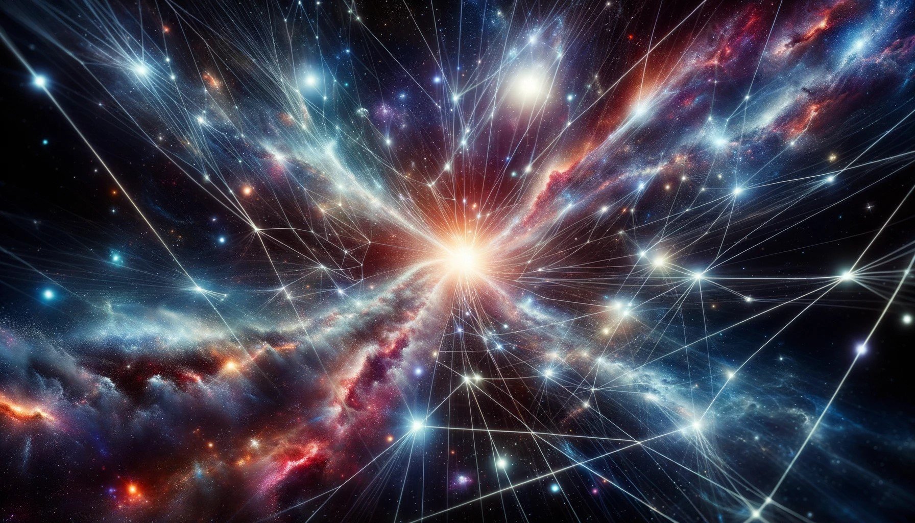DALL·E 2023-10-16 19.00.57 - Photo depicting the vastness of the universe with galaxies and stars interconnected by beams of light, representing the Stoic concept of Logos and the