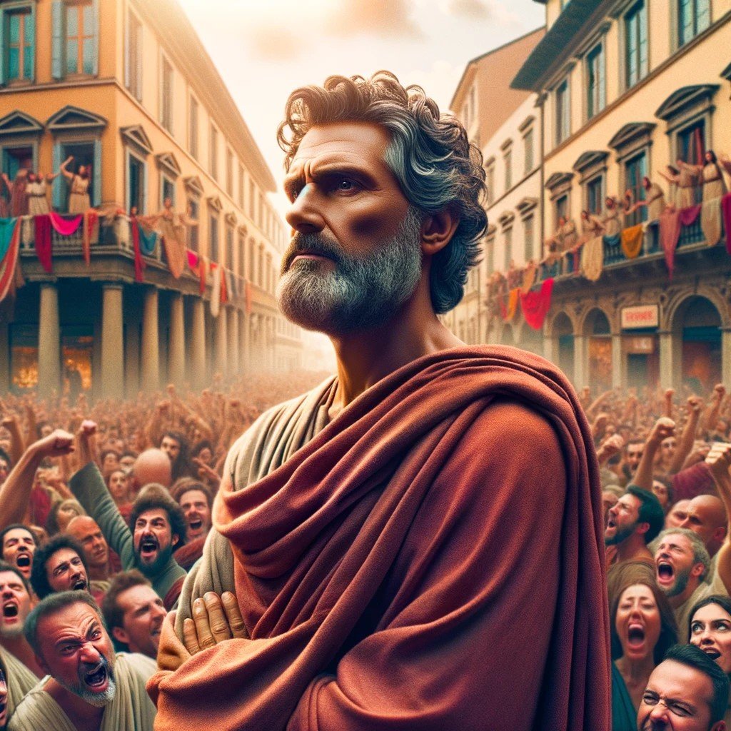 DALL·E 2023-10-17 12.09.41 - Photo in vibrant colors showing a real-life ancient Stoic man in a city setting. He stands amidst a lively crowd of people who are jeering and making