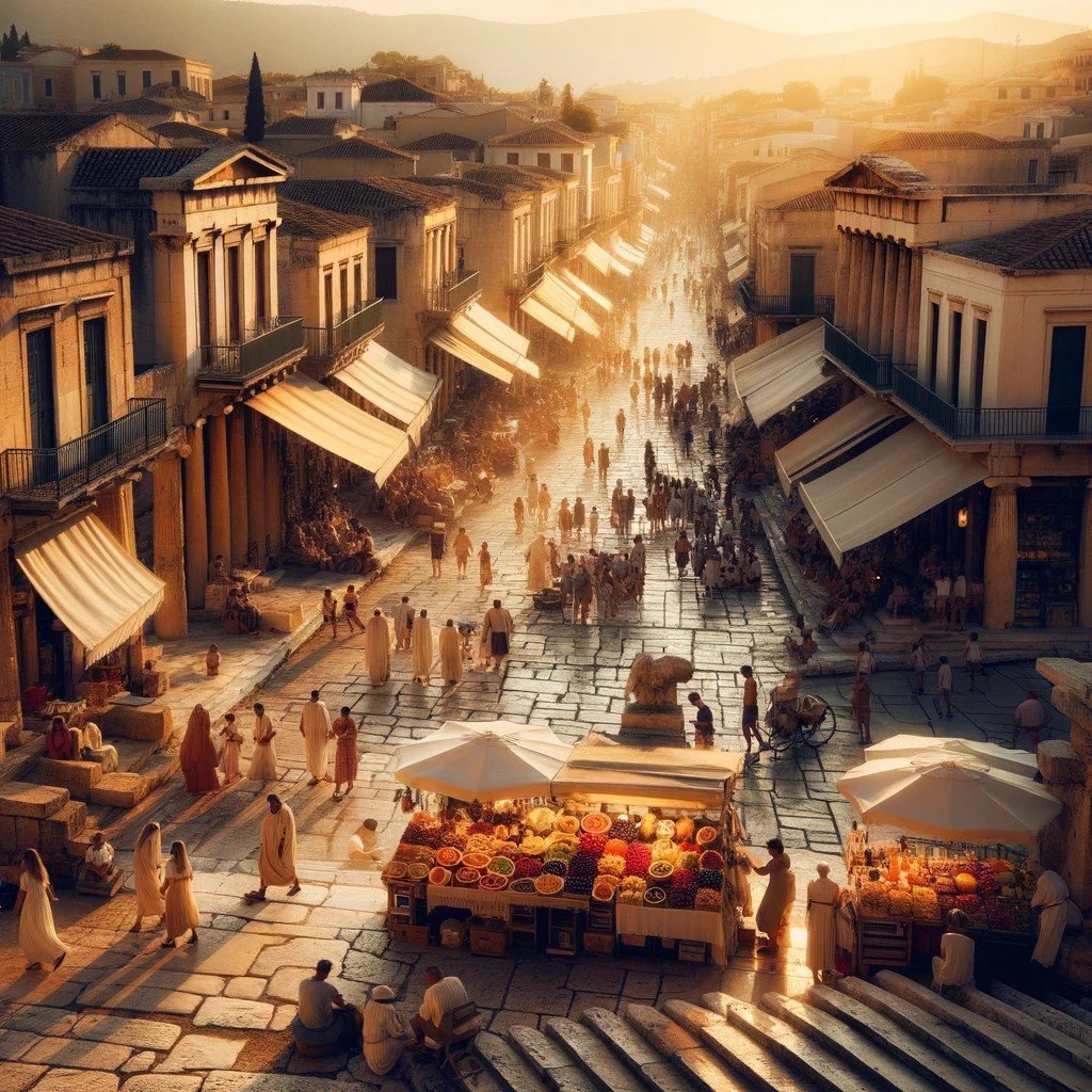 DALL·E 2023-10-17 12.39.40 - Photo of an ancient Greek city bathed in the golden light of a summer afternoon. The streets are bustling with people in light tunics, and vendors sel