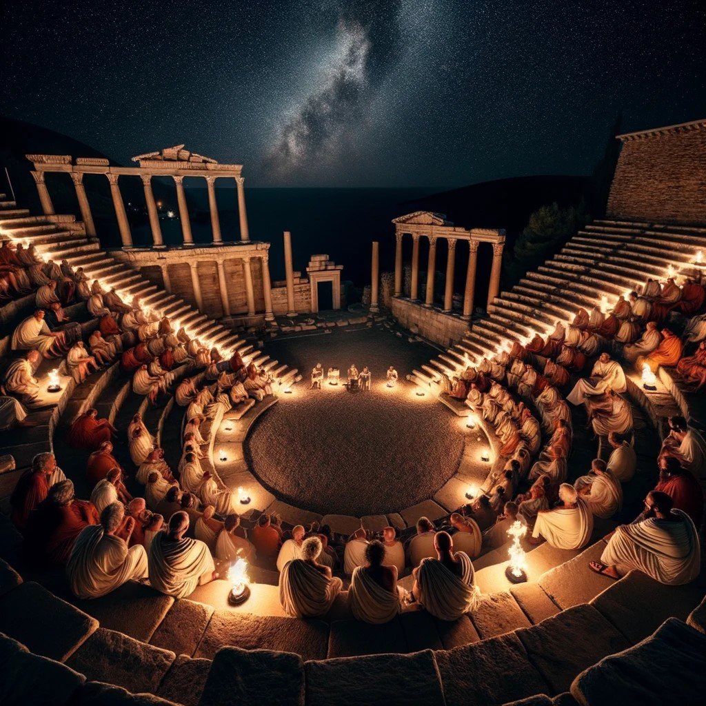 DALL·E 2023-10-17 14.59.26 - Photo of an ancient stone amphitheater illuminated by torches. Under the night sky, a group of Stoics of different genders and descents gather, sittin