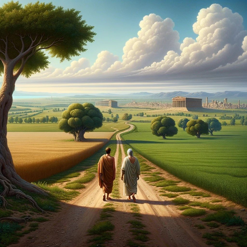 DALL·E 2023-10-17 15.31.13 - Photo of a vast landscape with verdant fields and mature trees under a clear blue sky. A dirt road winds its way towards a distant city with ancient s