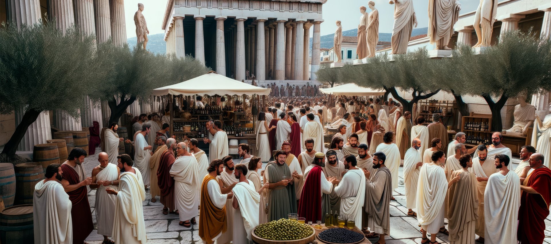 DALL·E 2023-10-20 16.53.33 - Photo of a lively gathering in an Ancient Greek city square. Men and women of diverse descent, draped in traditional togas and chitons, converse anima