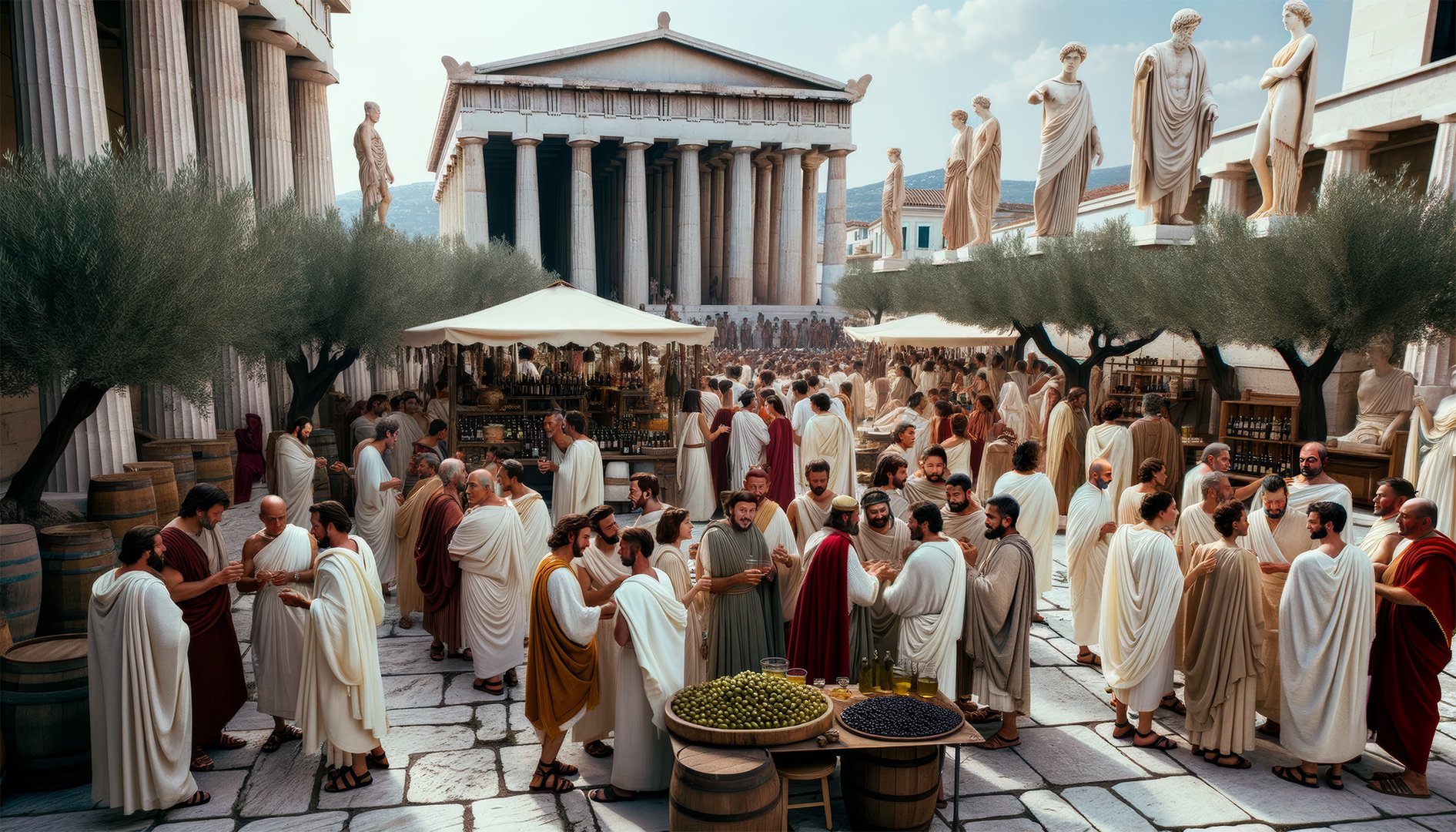 DALL·E 2023-10-20 16.53.33 - Photo of a lively gathering in an Ancient Greek city square. Men and women of diverse descent, draped in traditional togas and chitons, converse anima