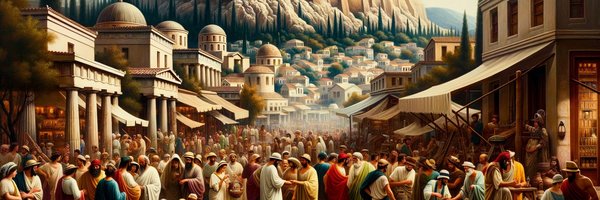 DALL·E 2023-10-20 16.53.42 - Photo of a vibrant city scene in Ancient Greece. Men and women of different ages and descents, dressed in period-appropriate clothing, socialize and t