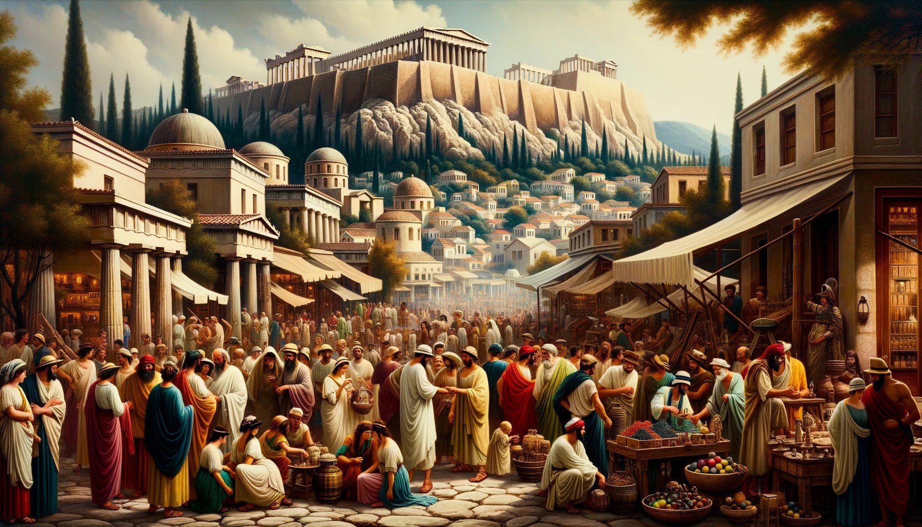 DALL·E 2023-10-20 16.53.42 - Photo of a vibrant city scene in Ancient Greece. Men and women of different ages and descents, dressed in period-appropriate clothing, socialize and t