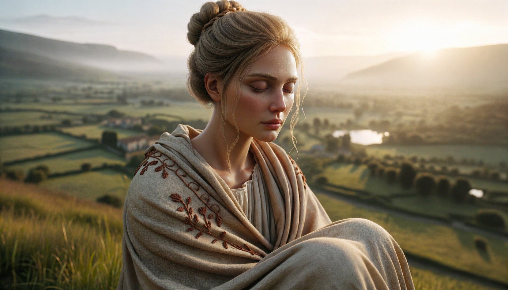 Realistic photo of an ancient Roman civil woman in her mid-forties, with fair skin showing signs of age and a dignified hair bun, adorned in a stola w