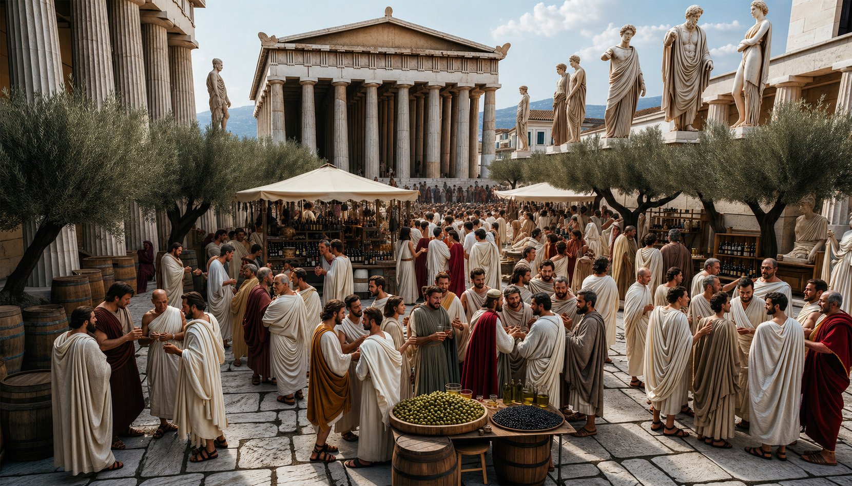 Photo of a lively gathering in an Ancient Greek city square. Men and women of diverse descent, draped in traditional togas and chitons, converse anima