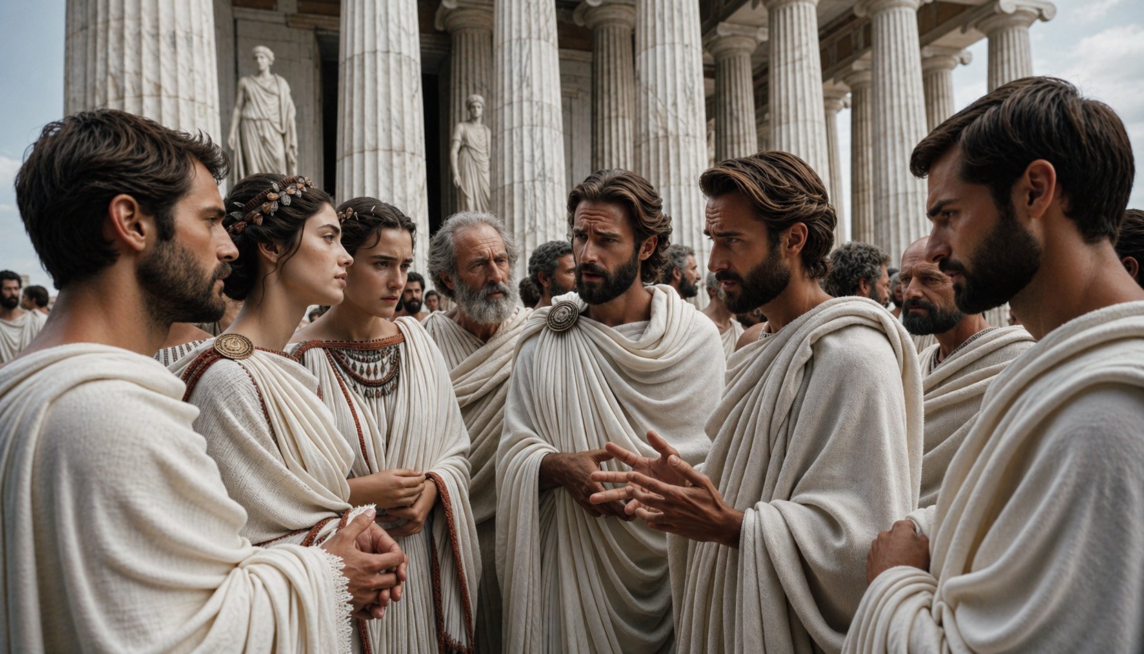 Photo of a close-up scene in an Ancient Greek city square. Men and women of diverse descent, draped in traditional togas and chitons, engage in deep c