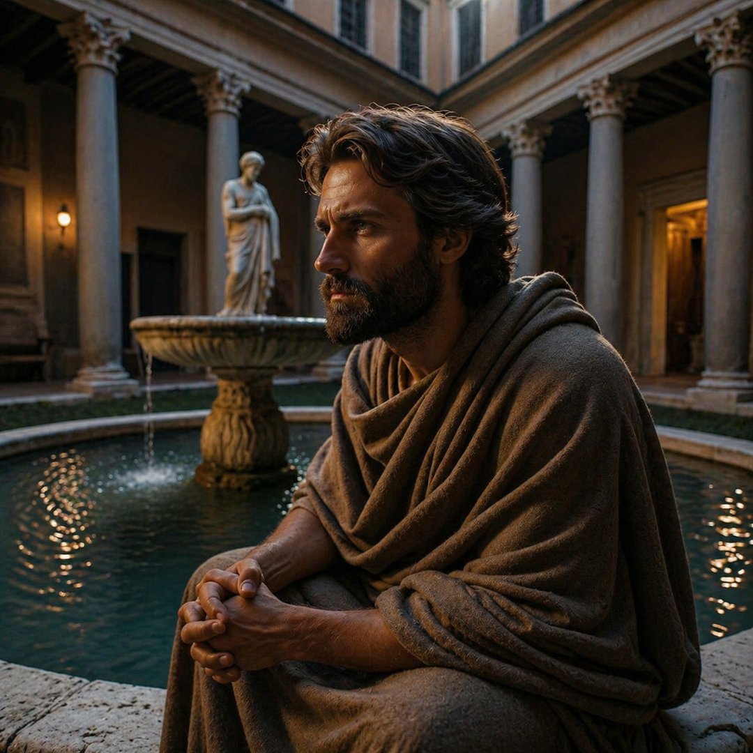 Photo capturing a real-life stoic philosopher in a Roman courtyard bathed in the soft light of the moon. He sits near an ancient fountain, its gentle