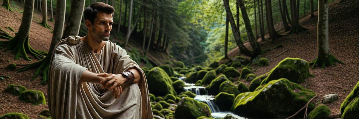 Realistic photo of an ancient Roman civil man with olive-toned skin and short, dark hair, dressed in a traditional toga, sitting on a large moss-cover
