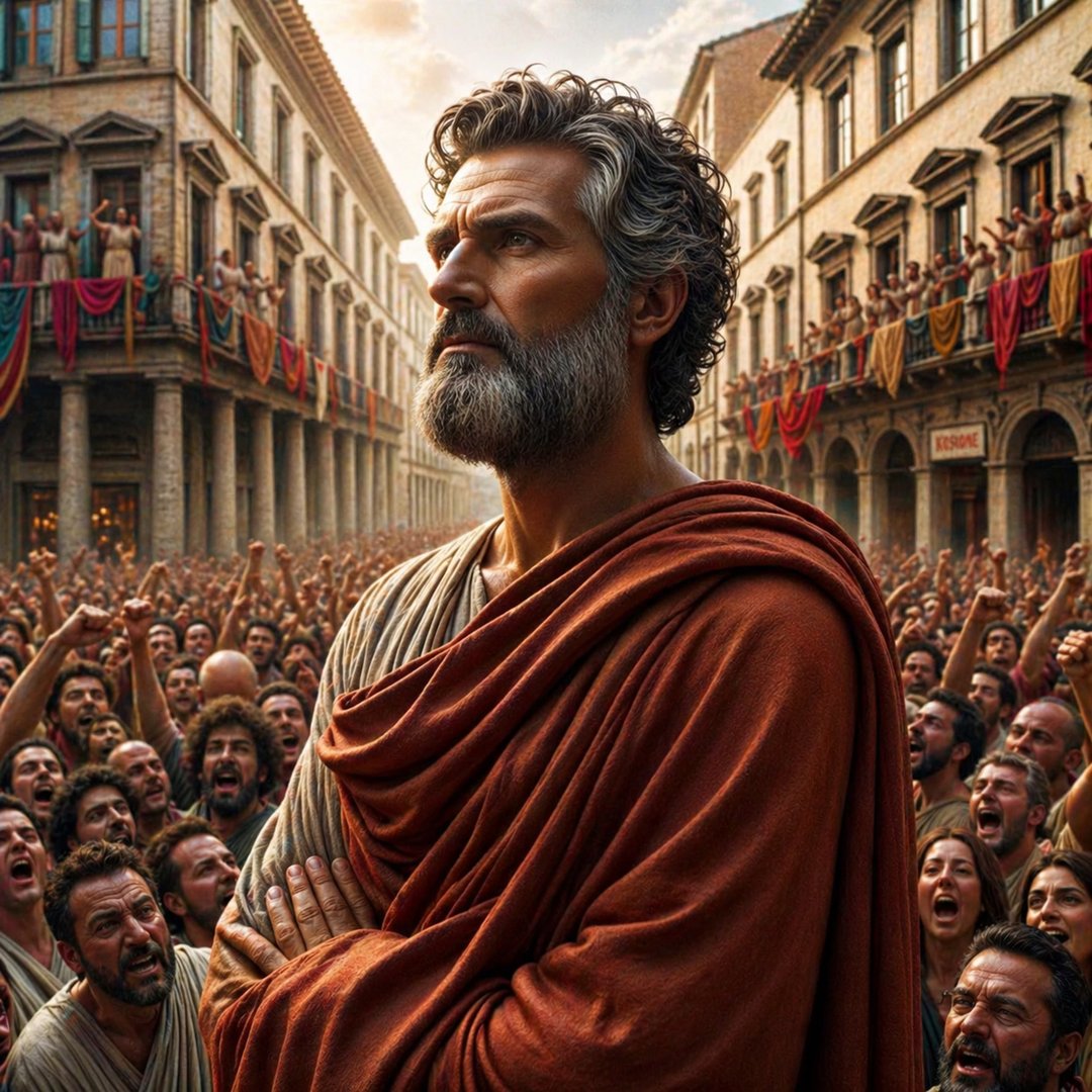 Photo in vibrant colors showing a real-life ancient Stoic man in a city setting. He stands amidst a lively crowd of people who are jeering and making