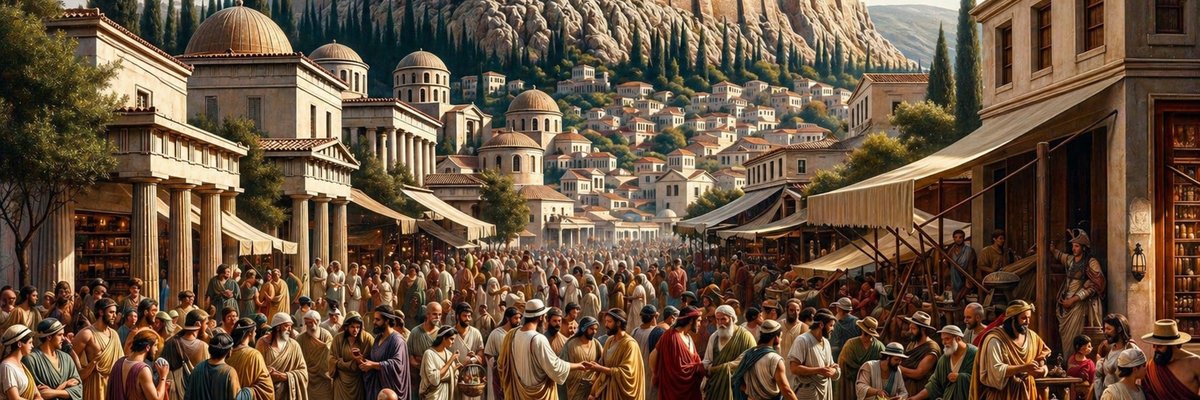 Photo of a vibrant city scene in Ancient Greece. Men and women of different ages and descents, dressed in period-appropriate clothing, socialize and t