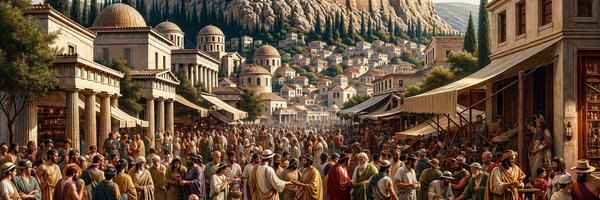 Photo of a vibrant city scene in Ancient Greece. Men and women of different ages and descents, dressed in period-appropriate clothing, socialize and t