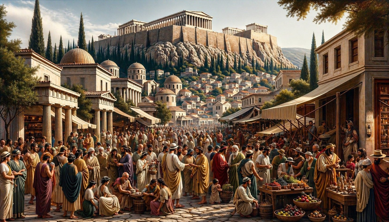 Photo of a vibrant city scene in Ancient Greece. Men and women of different ages and descents, dressed in period-appropriate clothing, socialize and t