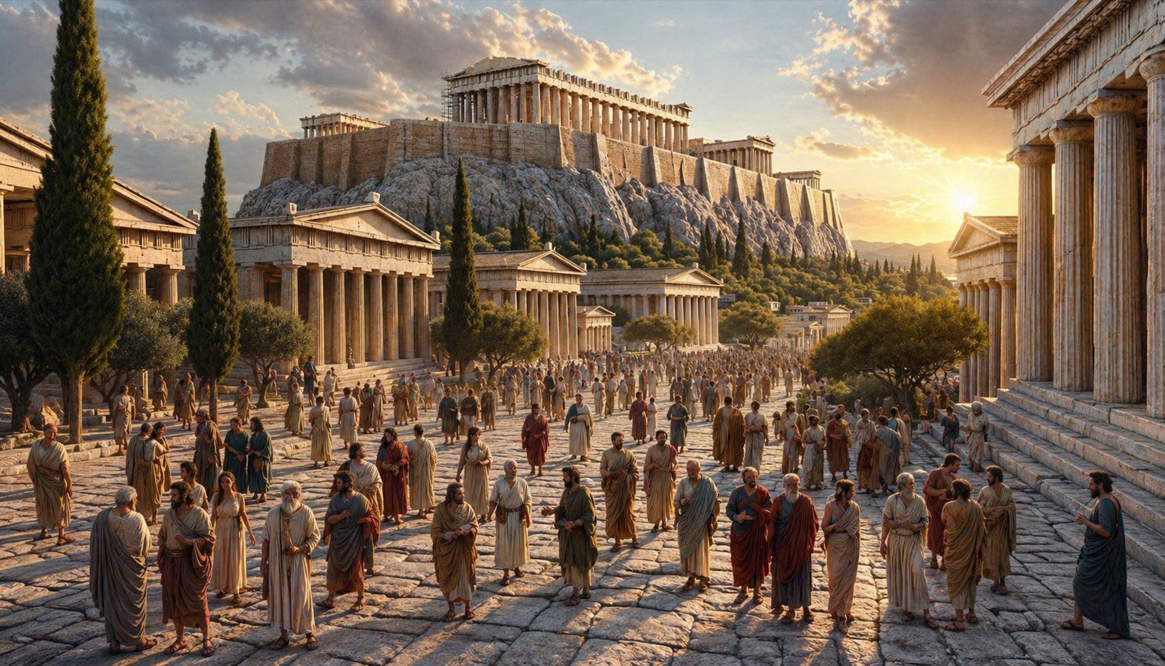 Realistic photo of ancient Greece, with perfect clarity showcasing the majestic Acropolis in the distance. Diverse men and women, each distinct and de