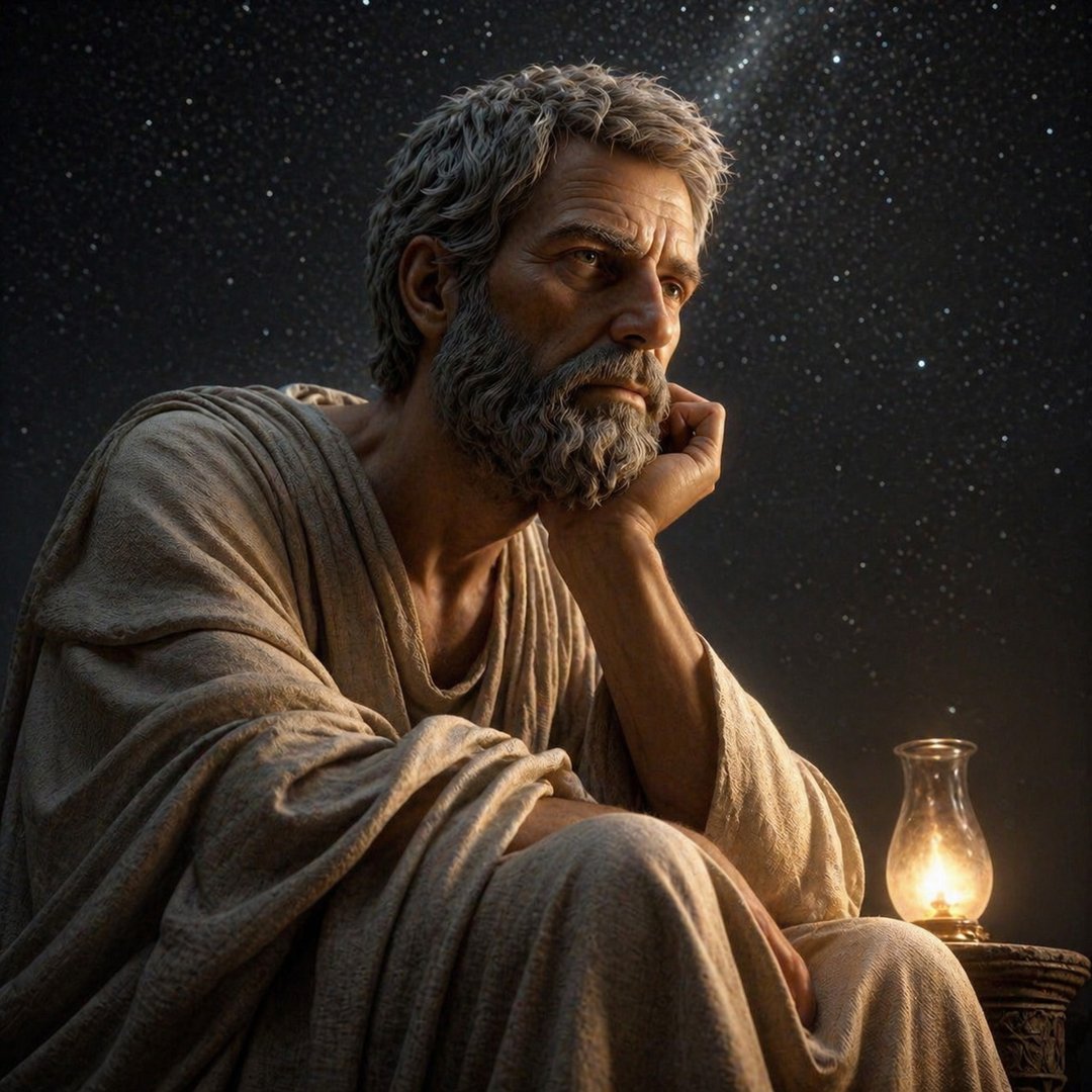 Photorealistic image of a stoic philosopher deep in thought, set against the backdrop of a starlit night. He sits alone, his gaze introspective, perha